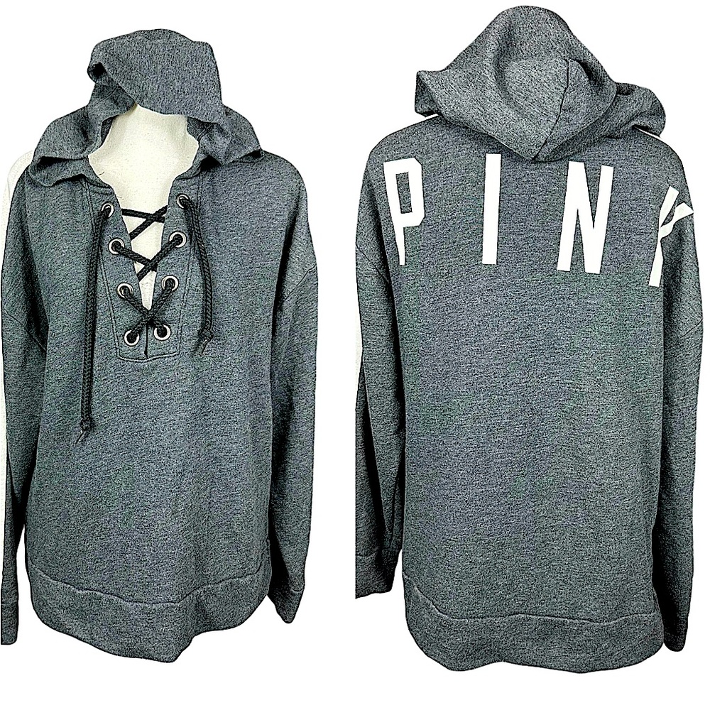 VICTORIA’S SECRET PINK: Lace-Up Front Hooded Pullover Sweatshirt -Size Medium